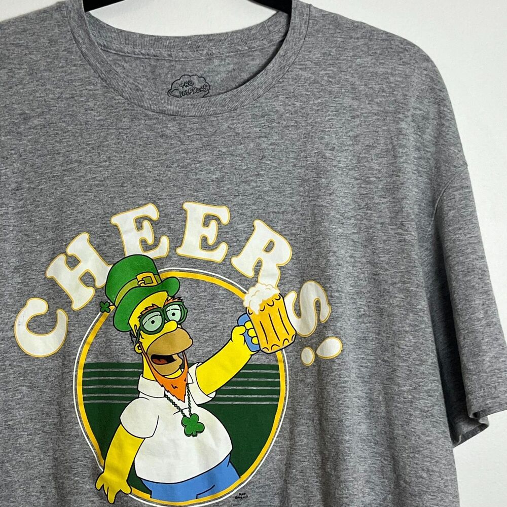 Homer Simpson Cheers T-Shirt Mens 2XL St Patty's Day Theme Cotton Blend Gray Tee